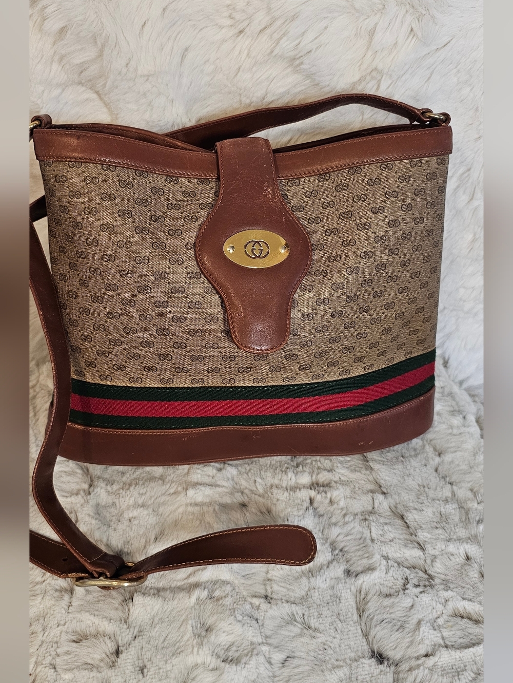 Gucci Brown Monogram Canvas Crossbody with Green and Red Stripe